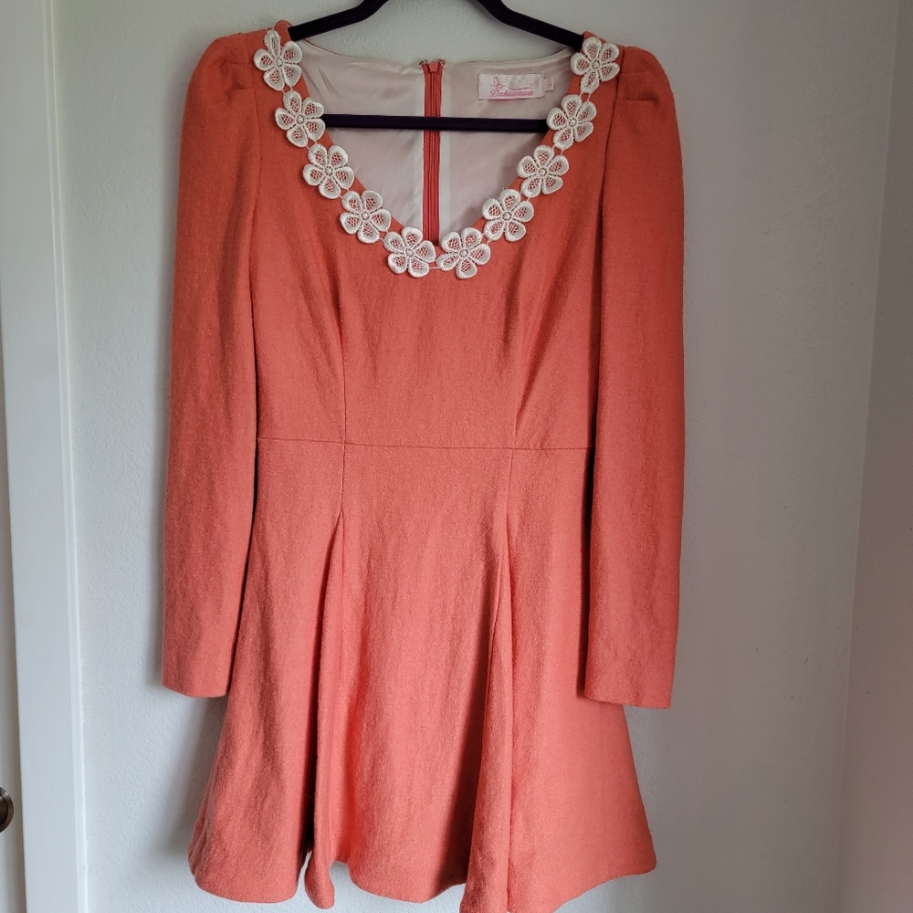 Orange with White Flower Collar Aline Dress [S]